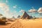 Ancient pyramids in desert on sunny day in Egypt, fiction scenic view