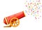 Ancient red cannon shots confetti. Circus cannon. Flat illustrator isolated on white background