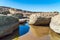 Ancient rocks on the sea coast. Low tide on the ocean