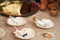 Ancient Roman cosmetics made of mother of pearl, retro perfume and vintage bath accessories. Reconstruction of events in the