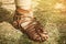 An ancient Roman man legs in caligae leather sandals. Reconstruction of the events of the Roman Empire