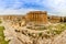 Ancient Roman temple of Bacchus panorama with surrounding ruins of ancient city, Bekaa Valley, Baalbek, Lebanon