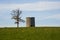 An ancient round tower with an old dying ash tree beside it in a farmers field at Crawfordsburn in Northern Ireland