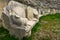 Ancient rows of seating with fish ornaments in Myra Ancient City. Demre, Antalya, Turkey