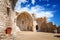 Ancient ruined church in fortress `Vila Vella enceinte` of Old Town in Tossa de Mar, Costa Brava, Catalonia, Spain