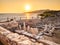 Ancient ruins at Aliki marble quarry in sunrise light, Thassos, Greece. Lens flare visible