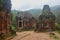 Ancient Ruins in central Vietnam on a cool, rainy, misty day in the mountain jungle like forest.