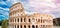 Ancient ruins Colosseum Rome, Italy, background blue sky with clouds, sunset light