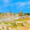 ancient ruins of goddess chance Tyche temple Roman Empire, Side, Turkey, travel background