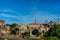 The ancient ruins at the Roman Forum at Rome. Famous world landmark. Scenic urban landscape