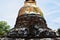 Ancient ruins ubosot ordination hall and antique old ruin stupa chedi for thai people traveler travel visit respect myth mystical