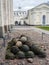 Ancient Russia.  Stone cannonballs found during archaeological excavations in the vicinity Novgorod Kremlin-Detinets