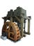 Ancient rusty old wooden water wheel driven machine isolated over white