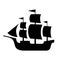 Ancient sailboat, medieval caravel, pirate ship, navigate vessel.