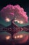 Ancient sakura tree with reflection in calm lake. Mystical surreal landscape on alien planet. Bioluminescence, neon colors, cyan,