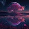 Ancient sakura tree with reflection in calm lake. Mystical surreal landscape on alien planet with huge moon. Bioluminescence, neon