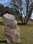 An ancient Scandinavian rune stone. Red rune text and drwaing.