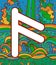Ancient scandinavic rune ansuz with doodle ornament background. Colorful psychedelic fantastic mystical artwork. Vector