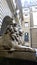 Ancient Sculpture of sitting Cairo Kasr El Nile stone Lion in front of pattern backgrounds, stone strong statue