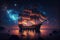 Ancient ship night stars. AI Generated