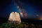 Ancient Solanas coastal tower under the milky way. Solanas, south of Sardinia.