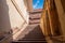 Ancient stair cases inside Mehrangarh fort, Jodhpur, Rajasthan, India. Famous architecture with intricate carvings and expansive