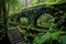 ancient stone bridge in dense rainforest