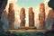 Ancient stone colossi, towering giants carved from living rock - Generative AI