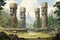 Ancient stone colossi, towering giants carved from living rock - Generative AI