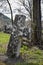 An ancient stone grave cross stands on the ground of an old Christian cemetery. Leaned to the side. Carved from a single piece of