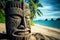 ancient stone idols tiki mask on beach on exotic island