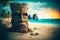 ancient stone idols tiki mask on beach on exotic island