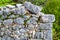 An ancient stone wall of a ruined house amongst the grass. Old house, ruins, background