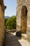 Ancient stone walls and narrow gravel streets in the historic French village of Le Poet Laval in the Drome area of Provence