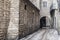 Ancient street stone walls in El Born quarter of Barcelona.