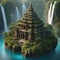 An ancient temple carved into the side of a floating island, surrounded by cascading waterfalls1