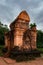 Ancient temple with carvings in My Son Sanctuary in Vietnam