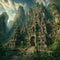 Ancient temple cut into rock face, covered in overgrown vegetation