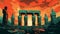 Ancient Temple Illustration With Dark Orange And Cyan Art Deco Architecture