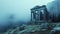 Ancient temple in mist in Greece, dramatic view of Greek ruins on foggy sky background, landscape with old building, rocks and