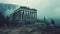 Ancient temple in misty evening in Greece, dramatic view of classical Greek ruins, mountain and fog, landscape with old building