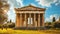 Ancient temple in summer in Greece, classical Greek ruins on blue sky background, landscape with old building, trees and sun.