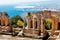 The Ancient theatre of Taormina and Etna Volcano. Landscape