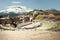 The Ancient theatre of Taormina and Mount Volcano Etna snowy