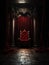 An ancient throne room the walls adorned with heavy red velvet curtains sits shrouded in darkness. Gothic art. AI