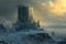 Ancient tower cliff winter. Generate Ai