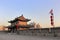 Ancient tower on the xian city wall at sunset