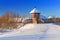 Ancient trading factory village at winter in Pruszcz Gdanski