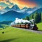 Ancient Trains Passes In a vast meadow with Mountains in the