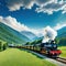 Ancient Trains Passes In a vast meadow with Mountains in the
